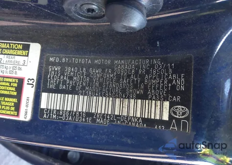 2011 Toyota Corolla Base z USA, uszkodzony, nr VIN 2T1BU4EE8BC604798